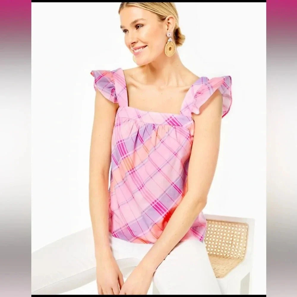 NWT Lilly Pulitzer Reyna top pink isle madras plaid sz sm